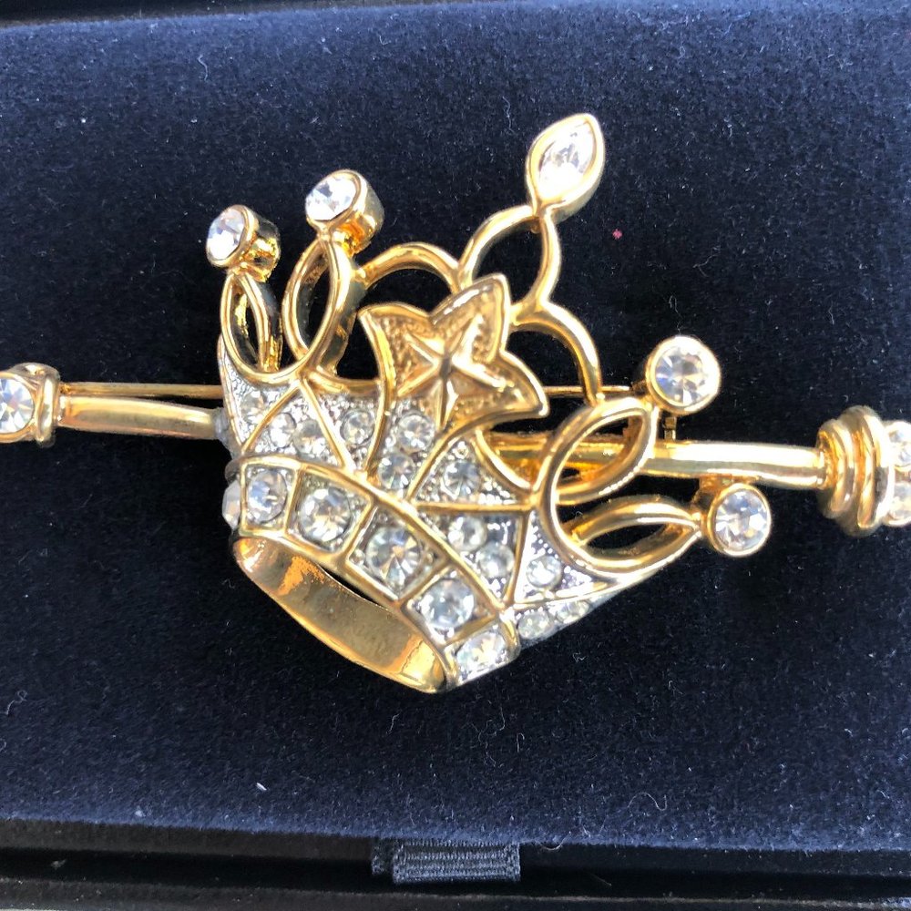 Gold & Crystal Crown w Scepter Pin Fashion Jewelry